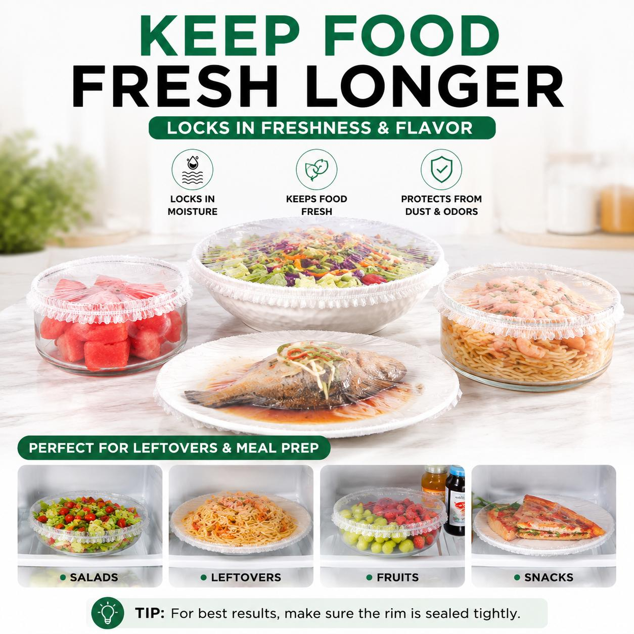 Clear food covers over bowls and plates of leftovers