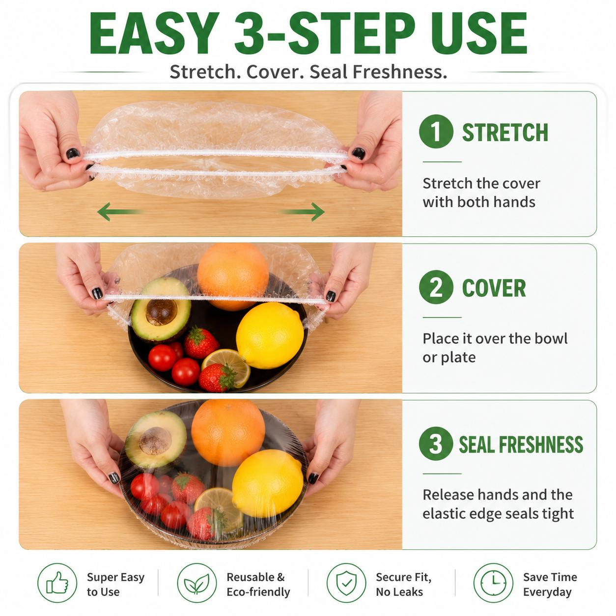 Three illustrated steps showing how to stretch and fit a food cover
