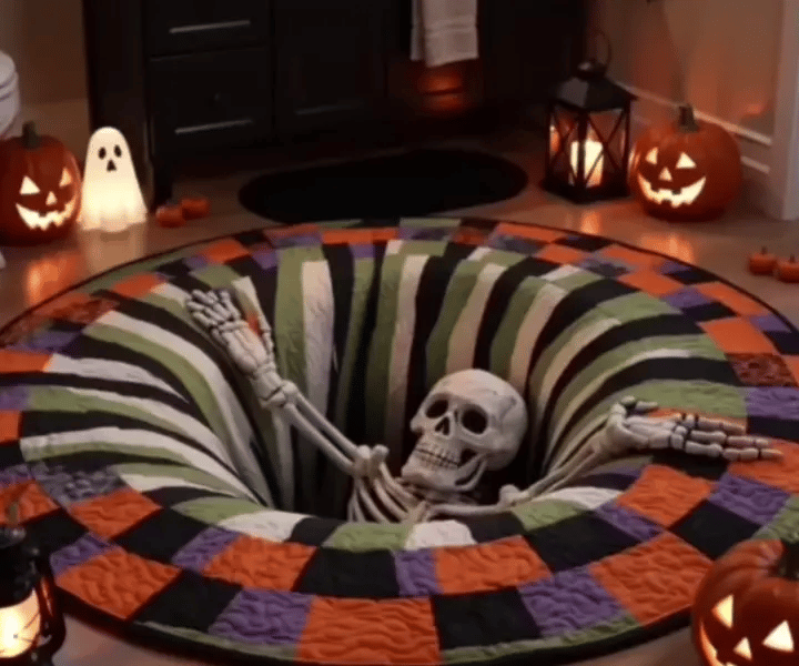 Skeleton rug shown in a real Halloween room scene