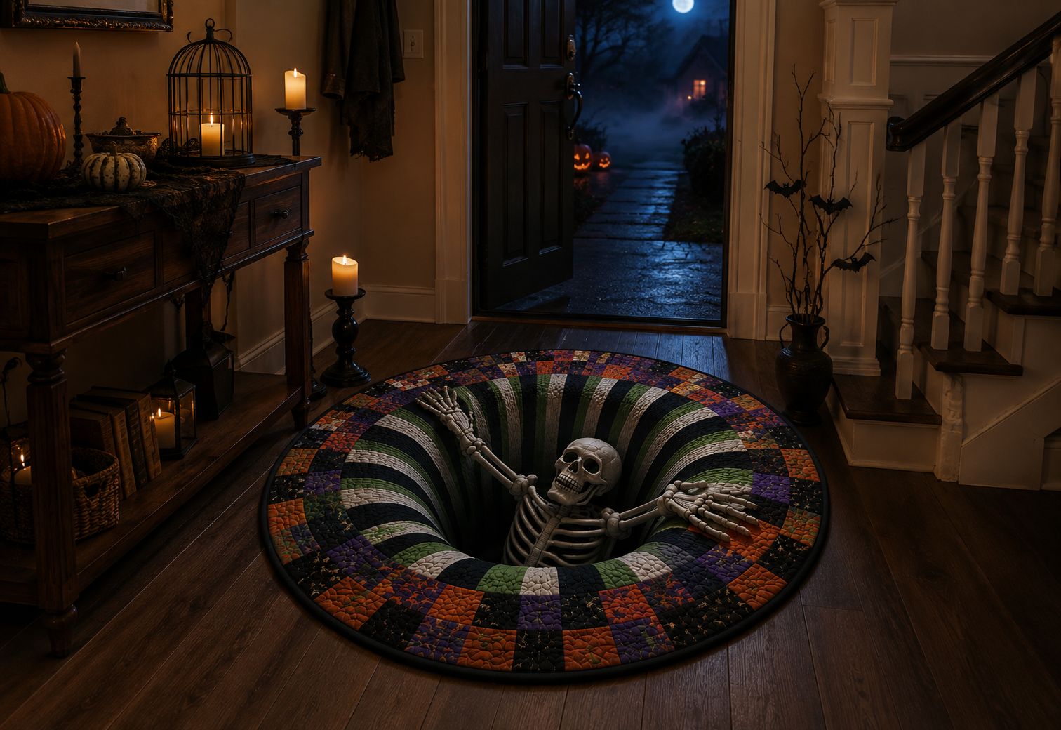 Halloween 3D illusion rug styled in an indoor entryway