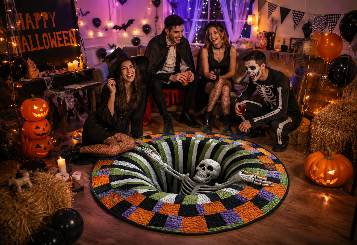 Halloween 3D illusion rug used as party décor