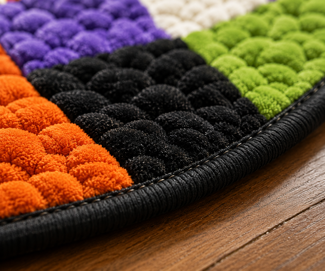 Close-up of tight stitching around the Halloween rug