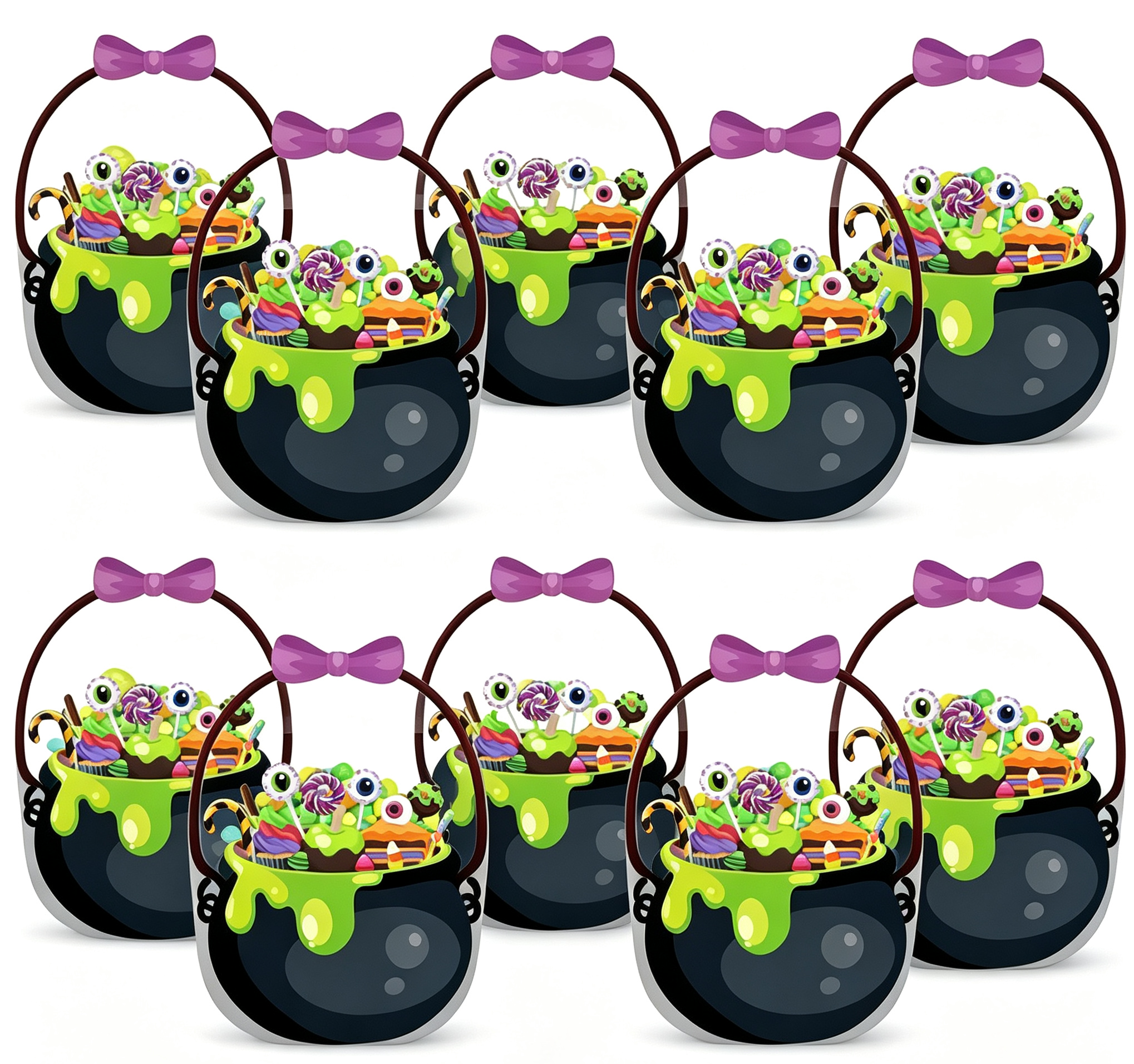Ten black cauldron-style transparent Halloween candy bags