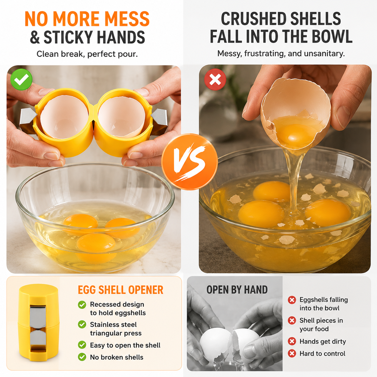 Comparison of hand cracking and using the quick egg cracker tool