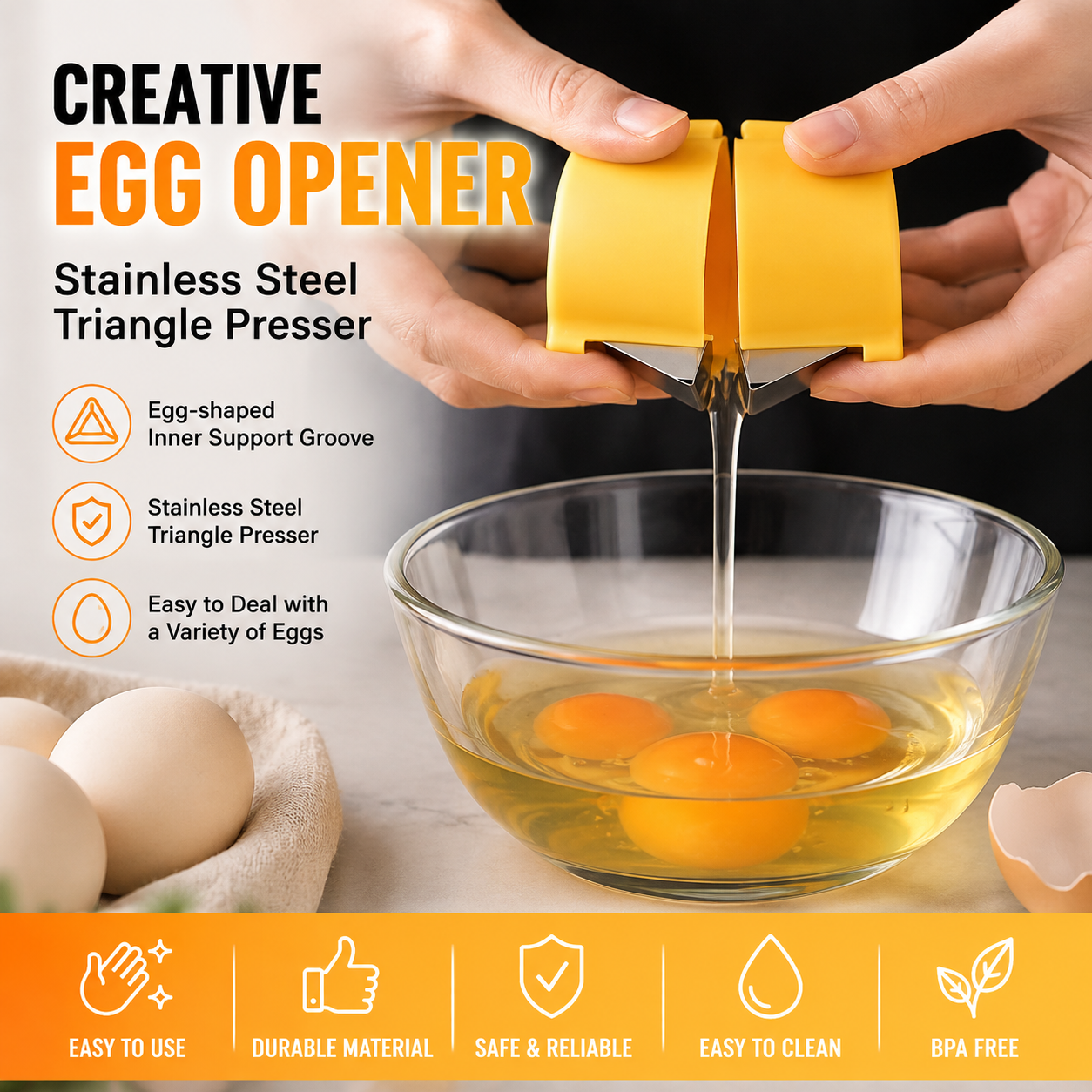 Quick egg cracker showing stainless steel triangle presser and inner support groove