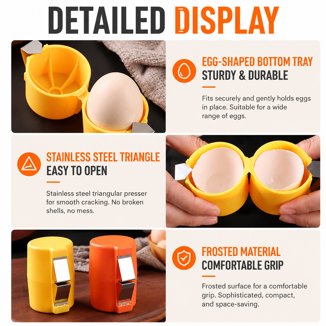 Detailed view of egg tray, metal presser and frosted outer shell