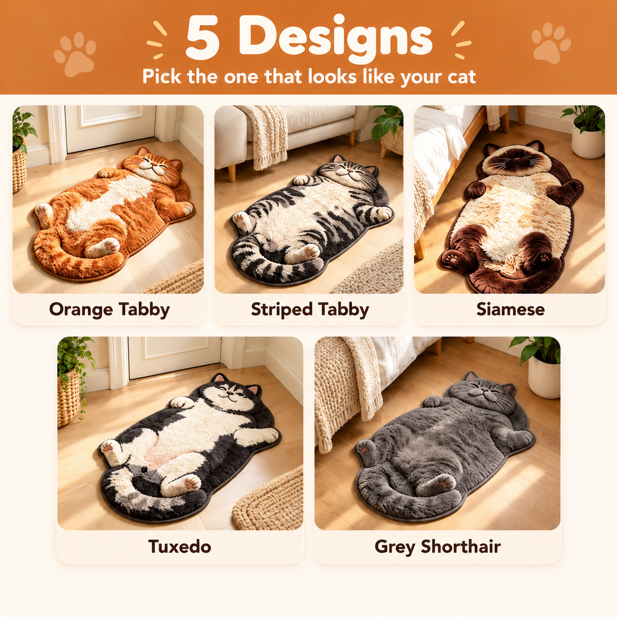 Illustrated design guide showing orange tabby, striped tabby, Siamese, tuxedo and grey shorthair