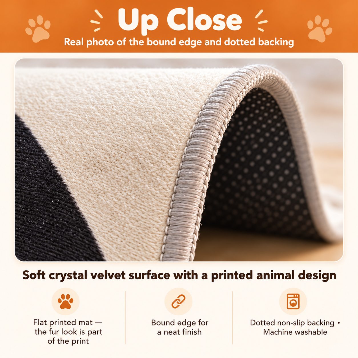 Detail graphic showing the velvet surface, stitched edge and dotted backing