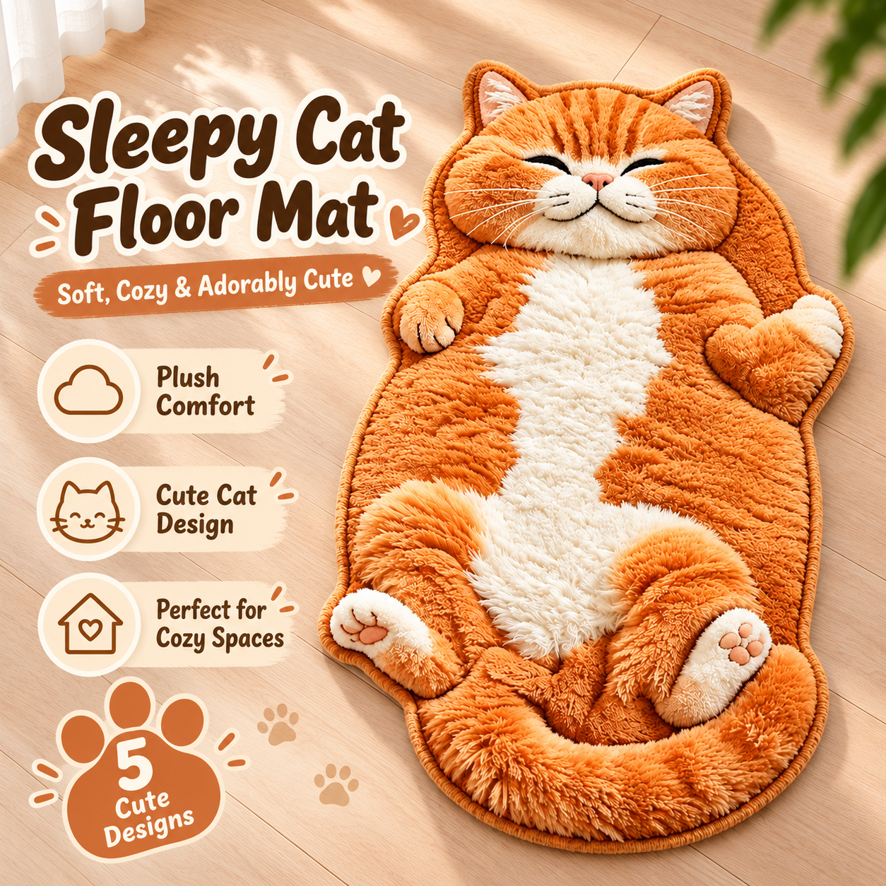 Illustration of an orange tabby floor mat beside an indoor door