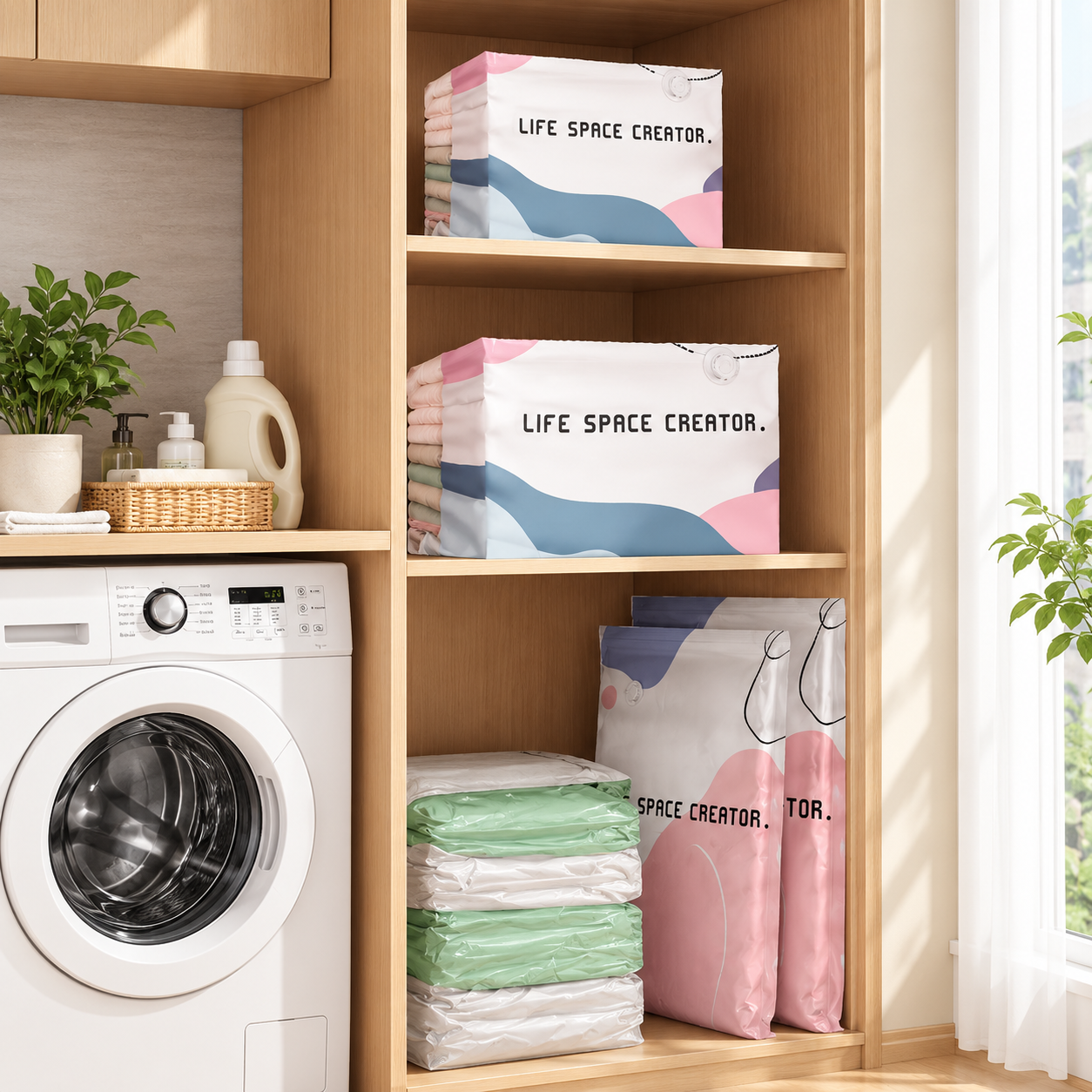 Patterned storage bags arranged on household shelves