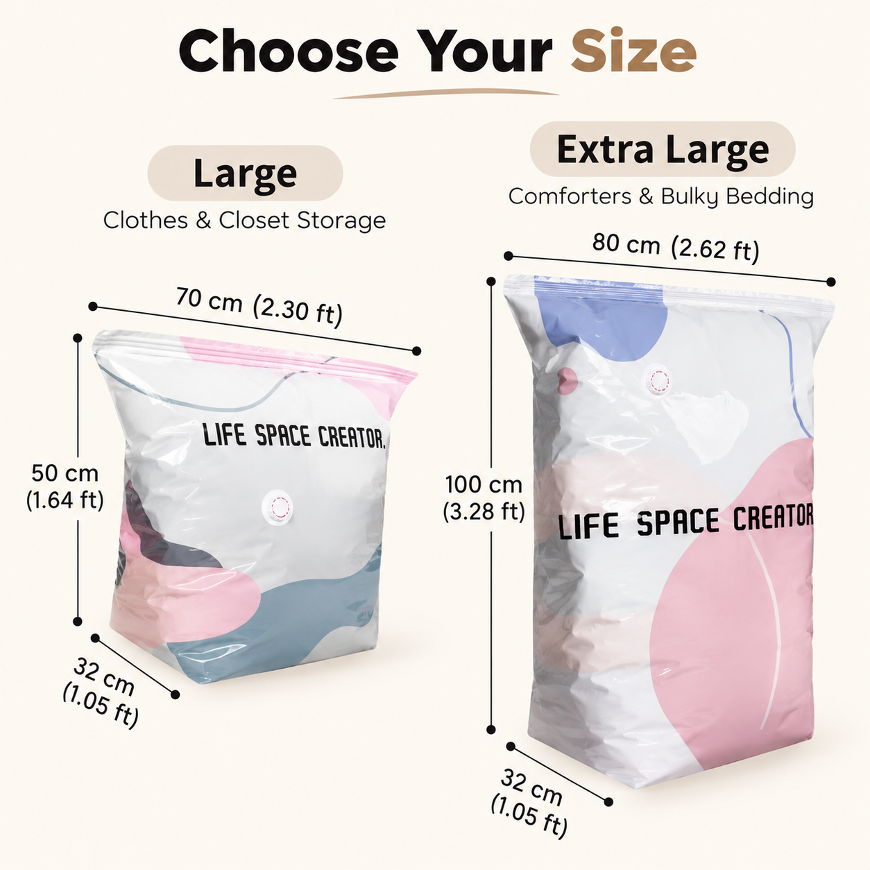 Large bag 70 by 50 by 32 centimeters and Extra Large bag 80 by 100 by 32 centimeters